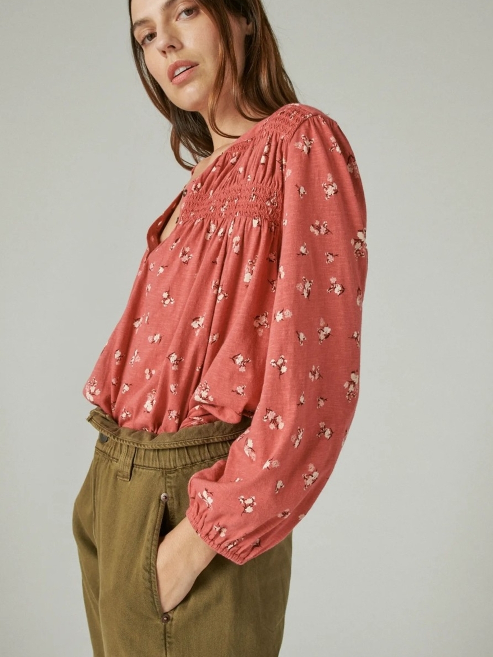 Lucky Brand Dusty Rose Floral Smocked Peasant Blouse - Picture 2 of 11